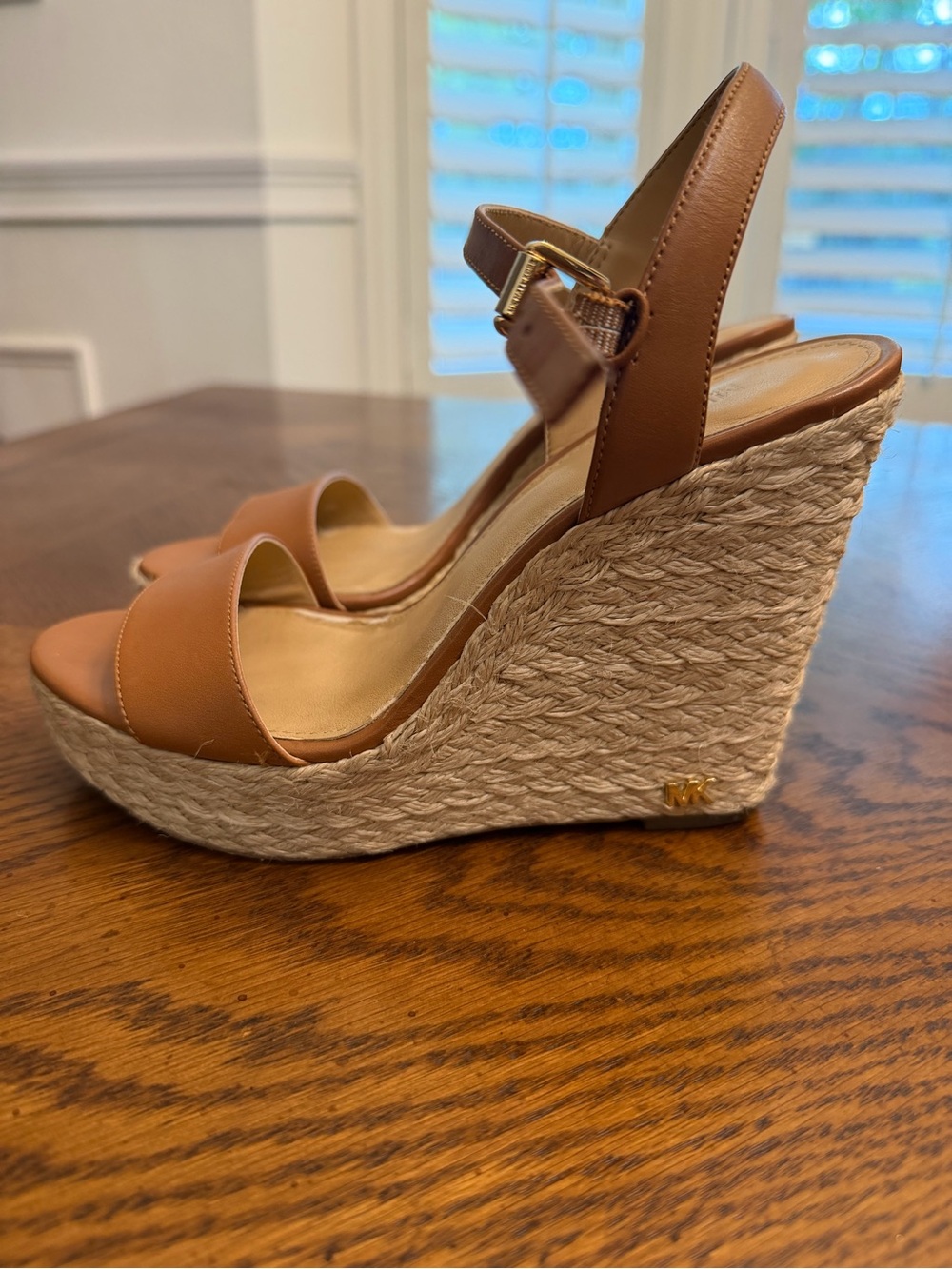 Michael Kors Brown Leather Espadrille Wedge Sandals